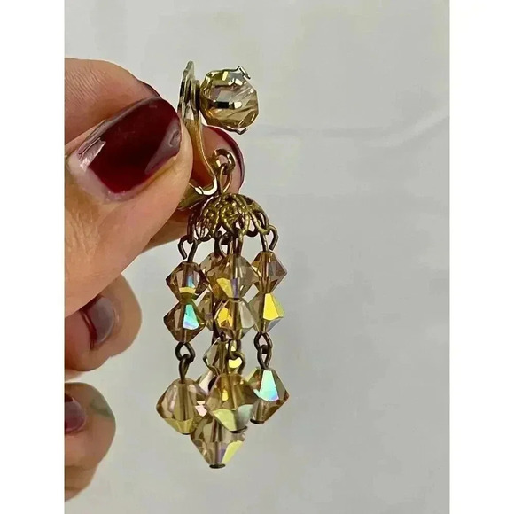 VTG Crystal Chandelier Clip On Earring Brown Iridescent Beaded Dangle 2" Long - Picture 12 of 16